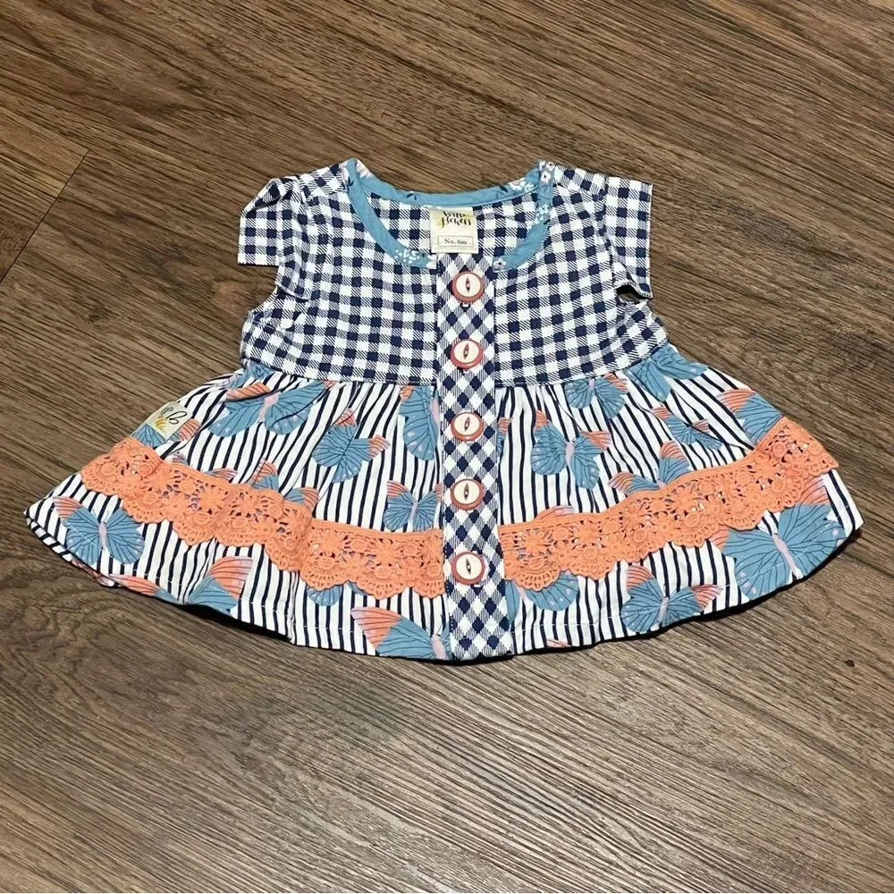 Wildflower Checkered and Striped Tunic Top or Dress Blue White Peach Sz 6 Months